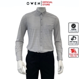Áo Sơ Mi Nam Tay Dài Owen AR230528DT màu kẻ caro xám rêu dáng regular fit tà lượn có túi chất liệu knit