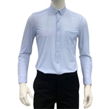 Áo Sơ Mi Nam Tay Dài Owen AR230523DT màu in xanh trắng Dáng regular fit tà lượn không túi chất liệu Knit