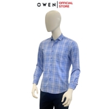 Áo Sơ Mi Nam Tay Dài Owen AR221052DT Kẻ caro xanh trắng Dáng Regular Fit Tà Lượn Có Túi Vải Nano