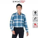 Áo Sơ Mi Nam Tay Dài Owen AR220876DT Kẻ caro lớn xanh trắng Dáng Regular Fit Tà Lượn Có Túi Vải café