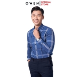 Áo Sơ Mi Nam Tay Dài Owen AS220950D màu kẻ caro xanh navy trắng Dáng Slim Fit Tà Lượn Không Túi Vải Sợi Tre