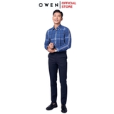 Áo Sơ Mi Nam Tay Dài Owen AS220950D màu kẻ caro xanh navy trắng Dáng Slim Fit Tà Lượn Không Túi Vải Sợi Tre