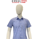 Áo Sơ Mi Nam Tay Ngắn Owen AB230750NT màu xanh kẻ dáng suông tà bằng có túi chất liệu sợi tre