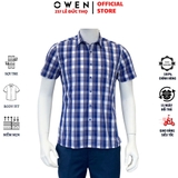 Áo Sơ Mi Nam Tay Ngắn Owen AB230671NT màu kẻ caro trắng navy xám dáng suông tà bằng có túi chất liệu sợi tre