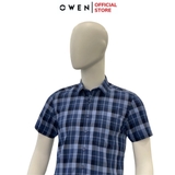 Áo Sơ Mi Nam Tay Ngắn Owen AB240012NT màu xanh dáng suông tà bằng có túi chất liệu sợi tre
