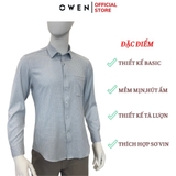 Áo Sơ Mi Nam Tay Dài Owen AR240018DT màu xám nhạt kẻ caro dáng suông tà lượn có túi chất liệu nano