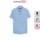 Áo Sơ Mi Nam Tay Ngắn Owen AR240049NT màu xanh dương nhạt kẻ sọc dáng suông tà lượn có túi chất liệu bambo spandex