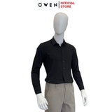 Áo Sơ Mi Nam Tay Dài Owen AS230340D màu đen trơn dáng slim fit tà lượn không túi vải nano