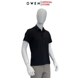 Áo Sơ Mi Nam Tay Ngắn Owen AB230021NT màu đen trơn dáng body fit tà bằng có túi vải nano