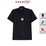 Áo Sơ Mi Nam Tay Ngắn Owen AB230021NT màu đen trơn dáng body fit tà bằng có túi vải nano