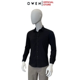 Áo Sơ Mi Nam Tay Dài Owen AS230340D màu đen trơn dáng slim fit tà lượn không túi vải nano