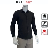Áo Sơ Mi Nam Tay Dài Owen AS230340D màu đen trơn dáng slim fit tà lượn không túi vải nano