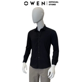 Áo Sơ Mi Nam Tay Dài Owen AS230340D màu đen trơn dáng slim fit tà lượn không túi vải nano