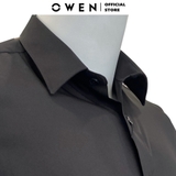 Áo Sơ Mi Nam Tay Dài Owen AS230340D màu đen trơn dáng slim fit tà lượn không túi vải nano