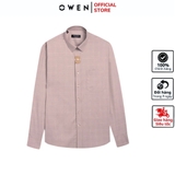Áo Sơ Mi Nam Tay Dài Owen AR240540DT màu be tím kẻ caro dáng suông regular fit tà lượn có túi chất liệu bambo poly