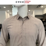 Áo Sơ Mi Nam Tay Dài Owen AS240538D màu be kẻ caro dáng ôm slim fit tà lượn không túi chất liệu bambo poly