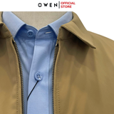 Áo Khoác Jacket Owen JK241494 màu be đậm dáng regular fit, cổ bẻ, khóa kéo, tay và gấu suông chất liệu polyester
