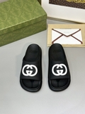 Dép lê quai ngang Gucci Slide interlocking GG Leather Đen logo Trắng Like Auth on web fullbox bill thẻ