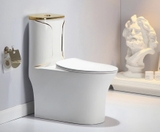 KA1986 - Bồn cầu liền khối trắng vàng, sứ nung tráng men nano cao cấp