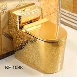 KH1088 - Bồn cầu liền khối sứ nung tráng men nano hoa văn vàng cao cấp