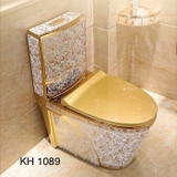 KH1089 - Bồn cầu liền khối sứ nung tráng men nano hoa văn trắng  vàng cao cấp