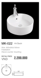 CHẬU LAVABO ĐẶT BÀN MK 022