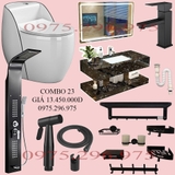 CB23 - Combo phòng tắm cao cấp . Bồn cầu trứng liền khối nắp UF chống xước, bàn đá 2 tầng đen vân mây.