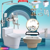 CB02 - Combo trọn bộ phòng tắm, bồn cầu liền khối, chậu sứ treo lửng, sen cây inox vuông