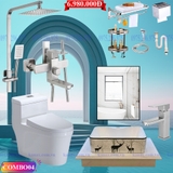 CB04 - Combo trọn bộ phòng tắm, bồn cầu liền khối, bàn đá 1 tầng chậu hươu nổi, gương viền thép đen
