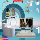 CB05 - Combo trọn bộ phòng tắm, bồn cầu liền khối bàn đá chậu bán âm, gương led