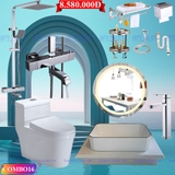CB16 - Combo trọn bộ phòng tắm, bồn cầu liền khối, bàn đá đơn chậu nổi, sen cây nhiệt độ..