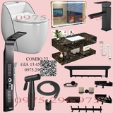 CB23 - Combo phòng tắm cao cấp . Bồn cầu trứng liền khối nắp UF chống xước, bàn đá 2 tầng đen vân mây.