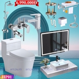 HP01 - Combo trọn bộ bồn cầu liền khối, bàn đá 1 tầng chậu nồi, sen cây nóng lạnh...