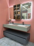 TC2234 - Tủ bàn đá cao cấp, đá nhân tạo chống xước, kết hợp 2 chậu sứ âm, tủ dưới inox 304, vòi nóng lạnh, tủ gương led cảm ứng