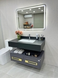 TC2369 - Tủ bàn đá cao cấp, đá nhân tạo chống xước, kết hợp chậu sứ âm, tủ dưới inox 304, vòi nóng lạnh, gương led cảm ứng