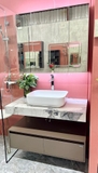 TC2365 - Tủ bàn đá cao cấp, đá nhân tạo chống xước, kết hợp chậu sứ nổi, tủ dưới inox 304, vòi nóng lạnh, gương led cảm ứng