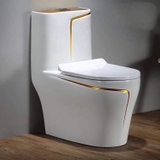 KA607 - Bồn cầu liền khối sứ nung tráng men nano trắng viền sọc vàng cao cấp
