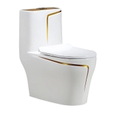 KA607 - Bồn cầu liền khối sứ nung tráng men nano trắng viền sọc vàng cao cấp