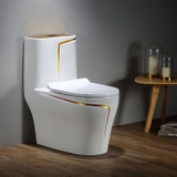 KA607 - Bồn cầu liền khối sứ nung tráng men nano trắng viền sọc vàng cao cấp