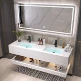 BD2C.1004 - Bàn đá nhân tạo trắng vân mây 2 tầng, 2 chậu sứ âm, kết hợp 2 vòi nóng lạnh, gương led cảm ứng.