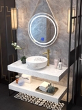 BD1012 - Bàn đá nhân tạo 2 tầng trắng vân mây, kết hợp chậu sứ nổi, vòi nóng lạnh cao, gương led tròn dây da.