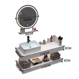 BD1007 - Bàn đá nhân tạo 2 tầng trắng  vân mây, kết hợp chậu sứ nổi, vòi nóng lạnh, gương led tròn cảm ứng.