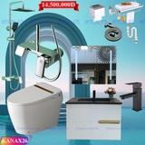KANAX26 - Combo trọn bộ phòng tắm, bồn cầu cảm ứng đá chân xả nước, tủ chậu nhựa, tủ gương led cảm ứng cao cấp