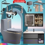 KANAX36 - Combo phòng tắm ghi xám, bồn cầu ghi viền vàng, tủ chậu nhựa, sen cây bàn phím...