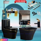 LUXURY29 - Combo phòng tắm cao cấp . Bồn cầu liền khối, chậu sứ treo màu đen viền vàng