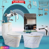 LUXURY31 - Combo phòng tắm cao cấp . Bồn cầu liền khối, chậu sứ treo màu trắng vân đá viền vàng