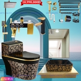LUXURY32 - Combo phòng tắm bồn cầu hoa văn đen vàng, bàn đá 1 tầng chậu sứ hoa văn...
