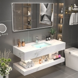 NT11 - 1 - Bàn đá đôi chống xước, bề mặt nhám kết hợp chậu sứ âm, gương viền thép trắng, vòi nóng lạnh.