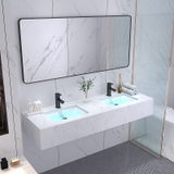 BÀN ĐÁ ĐƠN NHÂN TẠO TRONG NƯỚC 1 TẦNG KẾT HỢP 2 CHẬU ÂM VÀ GƯƠNG VIỀN THÉP ĐEN CHỮ NHẬT BD40