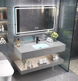 NT45 - Bàn đá nhân tạo 2 tầng bề mặt nhám chống xước kết hợp chậu sứ âm, vòi nóng lạnh, gương led cảm ứng 2 chế độ.